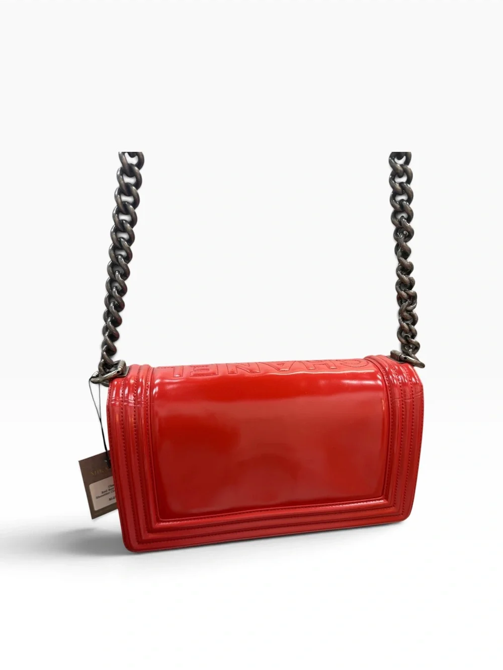 Authentic Chanel Medium Boy Red Glazed Calfskin Flap Bag